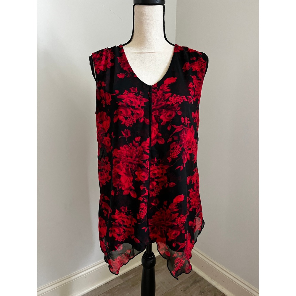 Red Rose Floral Sleeveless Blouse Large Romantic Whimsigoth Office Chic Feminine
